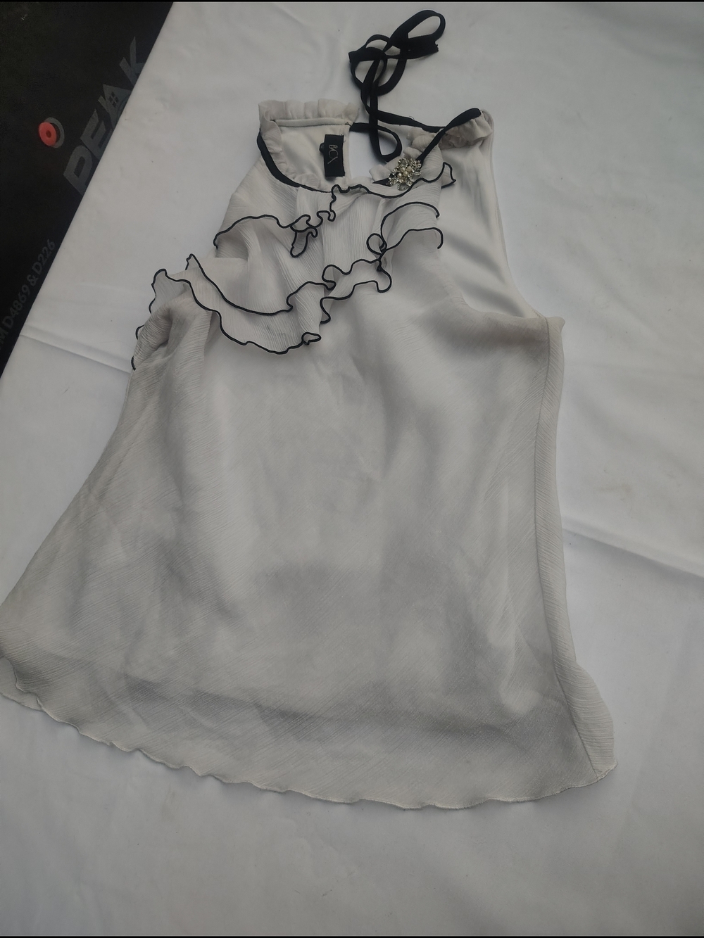 BCX Cream Halter Camisole with Black Ruffle Trim